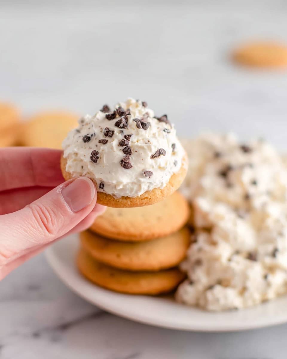A close-up of a woman's hand holding a small round golden cookie topped with a thick layer of white cream mixed with small dark chocolate chips. In the background, on a white plate, there is a stack of four plain golden cookies and a heap of the same white cream with chocolate chips. The scene is set on a white marbled surface, creating a clean and bright look. Photo taken with an iphone --ar 4:5 --v 7