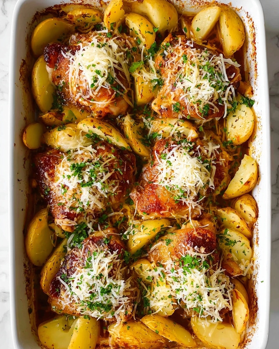 The dish shows two pieces of grilled chicken with a golden-brown crust on the bottom layer, topped with a thick layer of white grated cheese and sprinkled with chopped green herbs. Next to the chicken, there are several wedges of yellow roasted potatoes scattered with green herbs. All the food is served on a white plate with a thin black line near the edge, placed on a white marbled surface. Photo taken with an iphone --ar 4:5 --v 7