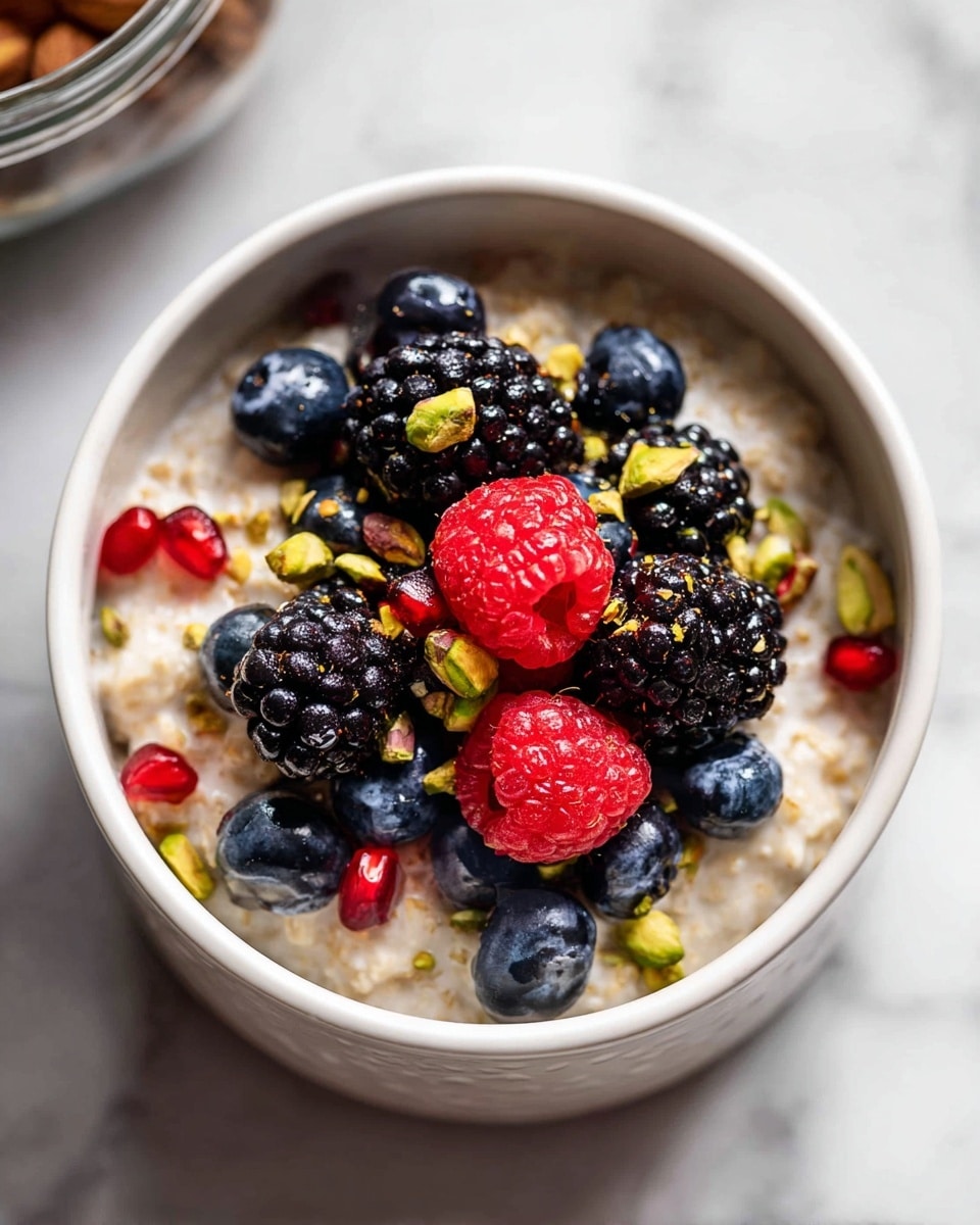 A white bowl filled with creamy oatmeal as the base layer, topped with a mix of fresh berries including blackberries, raspberries, and blueberries, arranged in the center. Scattered around and on top are small pieces of chopped green pistachios, adding texture and color contrast. There are also a few red pomegranate seeds dotting the mix. The bowl sits on a white marbled surface. The photo is taken close-up with an iphone --ar 4:5 --v 7