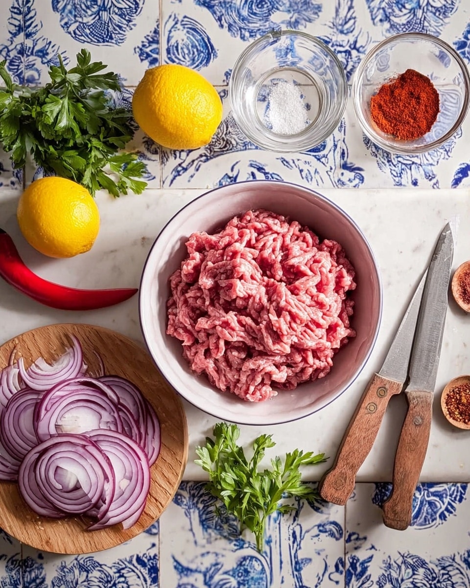 The image shows a white bowl filled with raw ground meat placed on a white marbled surface with blue patterned tiles visible underneath. Next to the bowl, there is a wooden plate with thinly sliced red onions arranged in a layered fan shape. Fresh green parsley lies loosely bunched nearby. Two red chili peppers rest on the surface beside two wooden-handled knives, one large and one smaller, pointing outward. Near the top, two yellow lemons and a small glass bowl with clear liquid sit side by side. Small bowls with white salt and red spice powder are also present, adding color contrast. The scene is well-lit and neatly arranged. Photo taken with an iphone --ar 4:5 --v 7