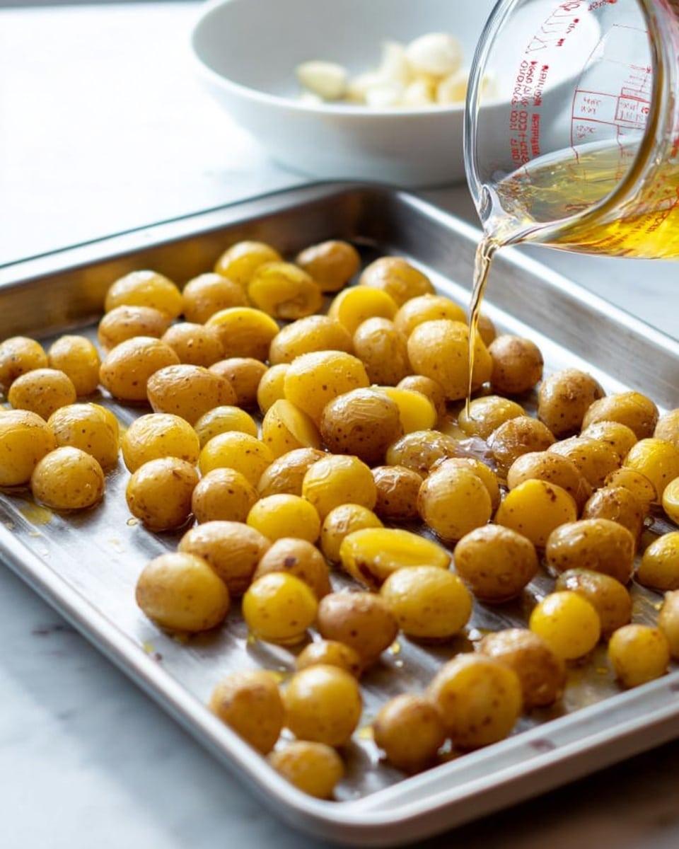 A large silver baking tray filled with many small, golden yellow baby potatoes, each cut into halves, spread out evenly and coated with oil that gives them a shiny texture; a clear glass measuring cup is pouring more oil over the potatoes, and in the background, there is a white bowl with a few pieces of peeled garlic cloves; the whole scene sits on a white marbled surface with soft natural light coming from the right side. photo taken with an iphone --ar 4:5 --v 7