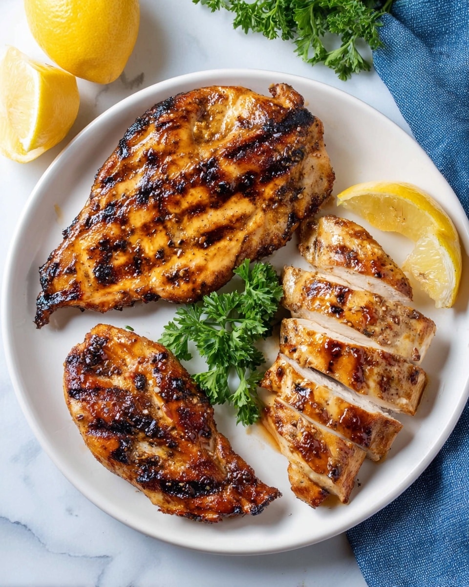 A white plate on a white marbled surface holds three pieces of grilled chicken. On the left, one large whole grilled chicken piece with a golden-brown color and charred grill marks is placed flat. To the right, two pieces of chicken breast sit side by side; the top piece is sliced into even thin strips revealing a white interior with a well-grilled brown crust, and the bottom piece is whole with a shiny glaze and charred edges. In the center of the plate, a small bunch of bright green parsley adds color. Next to the plate, lemon wedges and a whole lemon are placed, and a blue cloth is partially visible on the right side. photo taken with an iphone --ar 4:5 --v 7