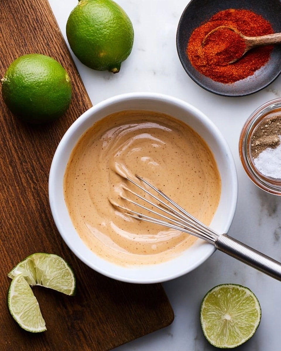 A white bowl filled with a creamy, light brown sauce with a small metal whisk resting inside it, showing smooth texture and slight swirls in the sauce. Around the bowl are two whole limes and two lime halves placed on a white marbled surface. To the upper right is a wooden board holding a dark small round dish with salt, a glass jar filled with red paprika powder with a spoon inside, and another jar partially seen at the edge of the picture. photo taken with an iphone --ar 4:5 --v 7
