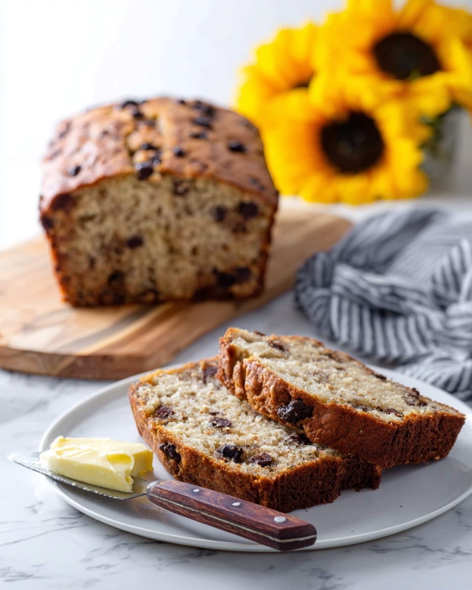 A close-up of a slice of yellow banana bread with specks of dark chocolate chips spread inside. The bread has a golden-brown crust with a rough texture and a soft, moist inside. On top of the slice, near the center, there is a square piece of melting white butter. The slice is placed on a dark wooden board, and parts of other banana bread slices are visible at the edges. The setting is on a white marbled surface with a blue-striped cloth partially visible. photo taken with an iphone --ar 4:5 --v 7