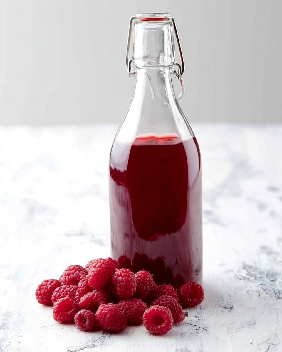 A clear glass bottle with a swing top clasp is filled about three-quarters with deep red raspberry syrup. In front of the bottle, there is a small pile of fresh raspberries, showing their bright red color and bumpy texture. The bottle and raspberries sit on a white marbled surface with subtle gray veins. The syrup inside the bottle looks smooth and rich. photo taken with an iphone --ar 4:5 --v 7