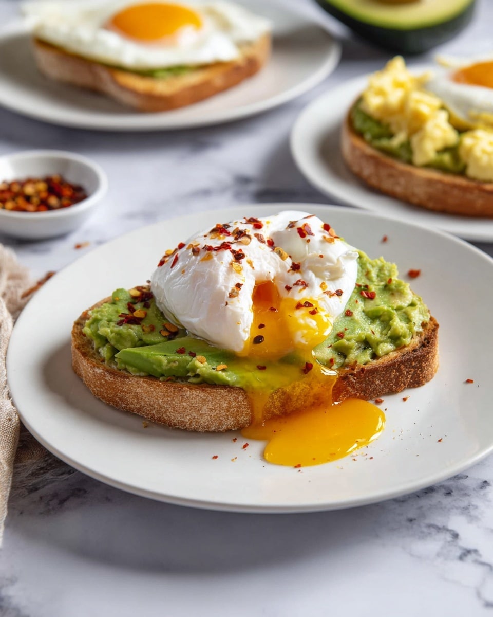 A white plate holds a slice of toasted bread topped with a thick layer of mashed green avocado. On top, there is a white poached egg with a soft, smooth surface that is broken open to release bright yellow yolk flowing down the avocado and bread. Red chili flakes are sprinkled over the egg, adding small specks of red. The background is a white marbled surface, and in the back, there is a white plate with two more slices of toast: one with smashed avocado and a sunny-side-up fried egg with a bright yellow yolk, and the other with scrambled eggs on top of avocado. An avocado half and a small white bowl of chili flakes are on the side. Photo taken with an iphone --ar 4:5 --v 7