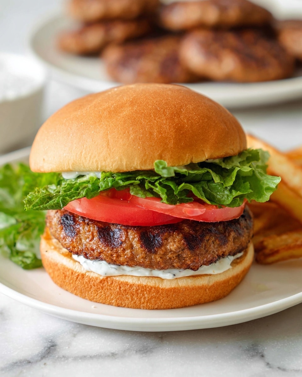 A close-up of a hamburger on a white plate with a white marbled surface in the background, showing four layers: a light brown soft bun on top, a layer of green leafy lettuce with a small amount of white sauce underneath the bun, a thick slice of red tomato below the lettuce, a thick grilled beef patty with grill marks under the tomato, and more green leafy lettuce at the bottom, all held together by a light brown soft bottom bun. On the side of the plate are some golden fries. In the background, out of focus, are more grilled beef patties on a white plate. photo taken with an iphone --ar 4:5 --v 7