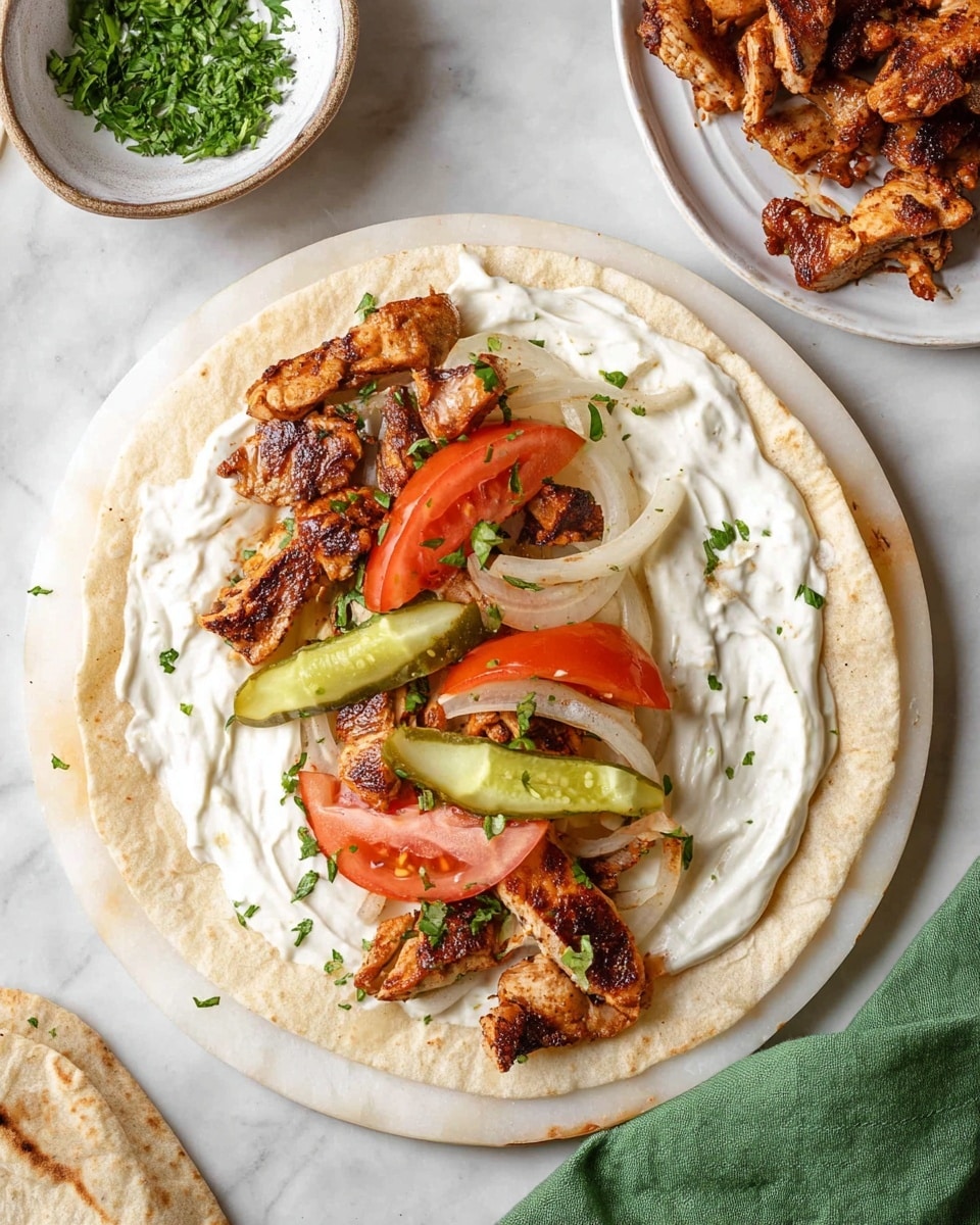A white flatbread lies flat on a white marbled surface with a layer of smooth white sauce spread evenly across it, leaving a slight border at the edges. On top, there are several browned chicken pieces with a grilled texture arranged mostly on one side. Over the chicken, thin white onion strips and two light green pickle slices are piled, along with four thick tomato wedges showing their bright red inner flesh. Some chopped green herbs are sprinkled lightly over the whole wrap. In the background, there is a white plate with more browned chicken pieces and a small white bowl with green chopped herbs, all on the same white marbled surface. A green cloth peeks from the bottom left corner. Photo taken with an iphone --ar 4:5 --v 7