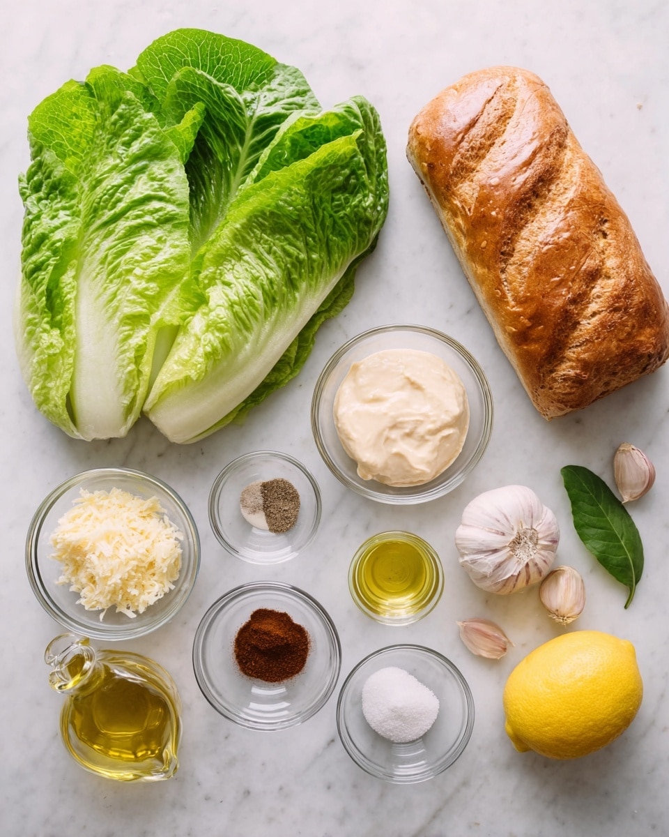 The image shows an arrangement of ingredients on a white marbled surface. On the left, there is a fresh romaine lettuce head with bright green leaves layered neatly. To the right, there is a golden brown loaf of bread with a shiny crust placed centrally. Around these main items, several small clear glass bowls hold various ingredients: one bowl with grated pale yellow cheese, one with creamy white sauce, one with a light brown mustard-like spread, and others containing salt, black pepper, a dark brown liquid, and a reddish-brown powder. Nearby, two peeled garlic cloves, a yellow lemon with a small green leaf, and a small glass bottle with golden olive oil complete the setup. The ingredients are spaced out evenly, giving a clear view of each element. photo taken with an iphone --ar 4:5 --v 7
