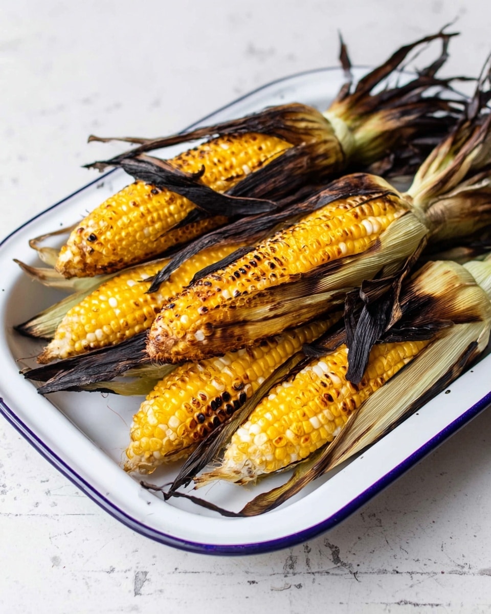 Four grilled corn cobs are placed side by side inside a white tray with blue edges. Each cob has a mix of yellow and white kernels and shows uneven char marks in dark brown and black scattered mainly on the middle and upper parts. The cobs retain their ends, with one loose few corn hairs visible. The tray rests on a white marbled surface. photo taken with an iphone --ar 4:5 --v 7