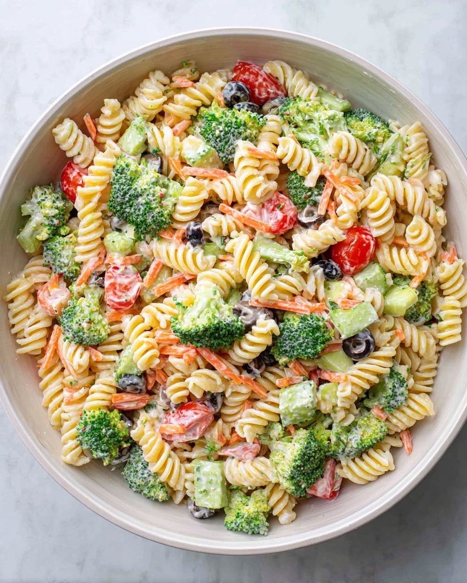 A large round white bowl filled with a colorful pasta salad. The bottom layer is made of pale yellow spiral rotini pasta. Mixed throughout, there are bright green broccoli florets, small red cherry tomato halves, thin orange carrot strips, black olive slices, and small red bell pepper pieces. The salad is lightly coated with a creamy white dressing that creates a slight shine over the vegetables and pasta. The bowl is set on a white marbled surface. photo taken with an iphone --ar 4:5 --v 7