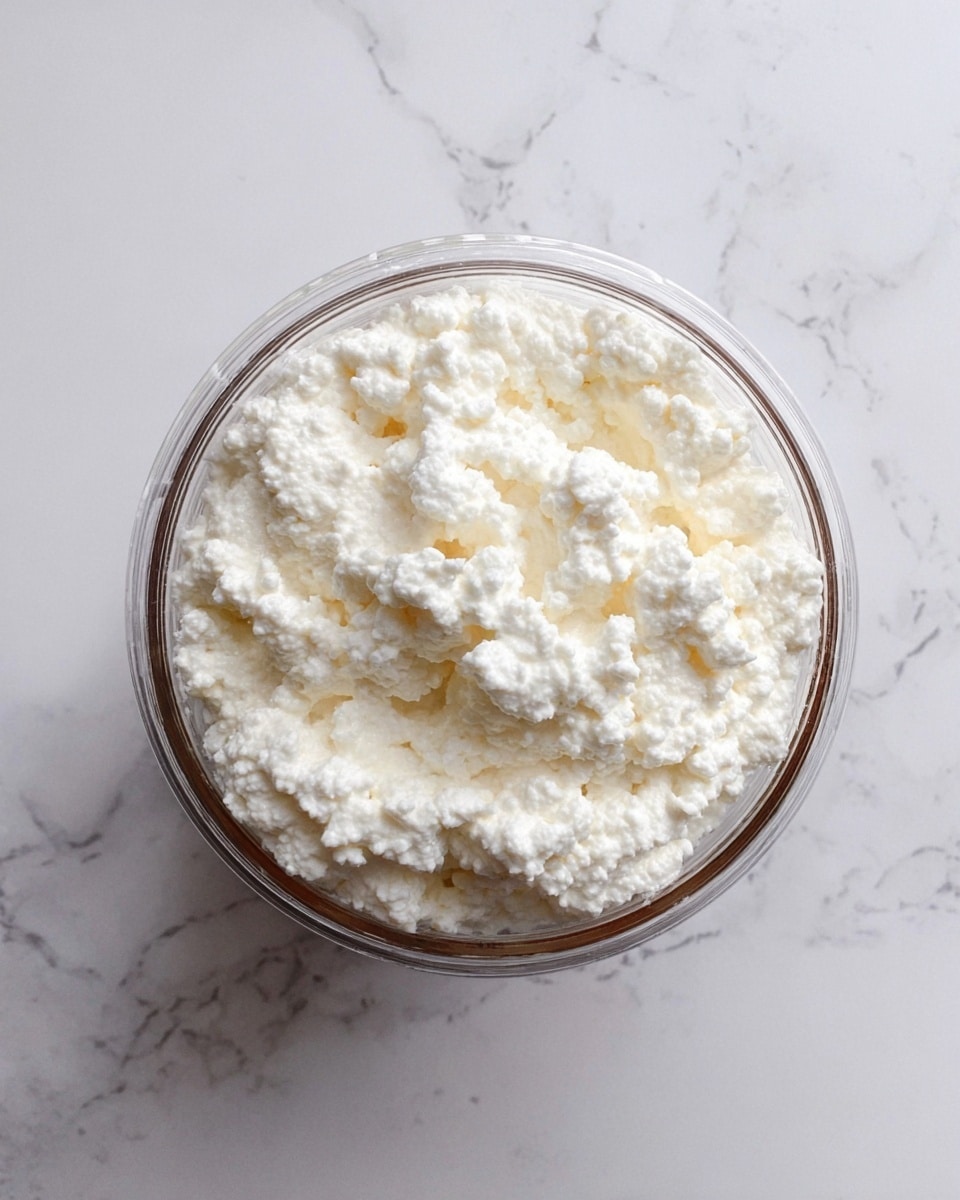 A clear round container filled fully with a top layer of white cottage cheese that has a lumpy and creamy texture, sitting on a white marbled surface. photo taken with an iphone --ar 4:5 --v 7