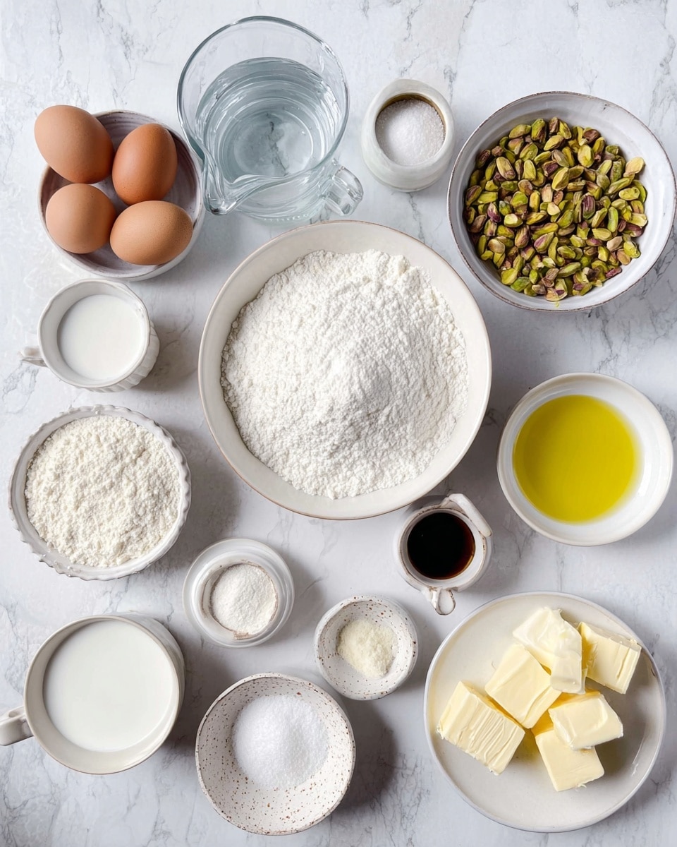 The image shows a top view of various white bowls and plates arranged on a white marbled surface, each containing different baking ingredients. In the center, there is a white bowl with powdery white sugar. To the left, a white bowl holds flour, and next to it are two brown eggs. Above the eggs is a clear glass jug filled with water. On the right side, a white bowl contains greenish-brown pistachios, and a small white cup nearby holds a dark liquid. There is a small white bowl with white cream, a small white bowl with white powders likely baking soda and salt, and a glass jug with white milk. At the bottom right, a white plate holds pieces of butter and cream cheese. A clear glass bowl with yellow oil is near the eggs. Photo taken with an iphone --ar 4:5 --v 7