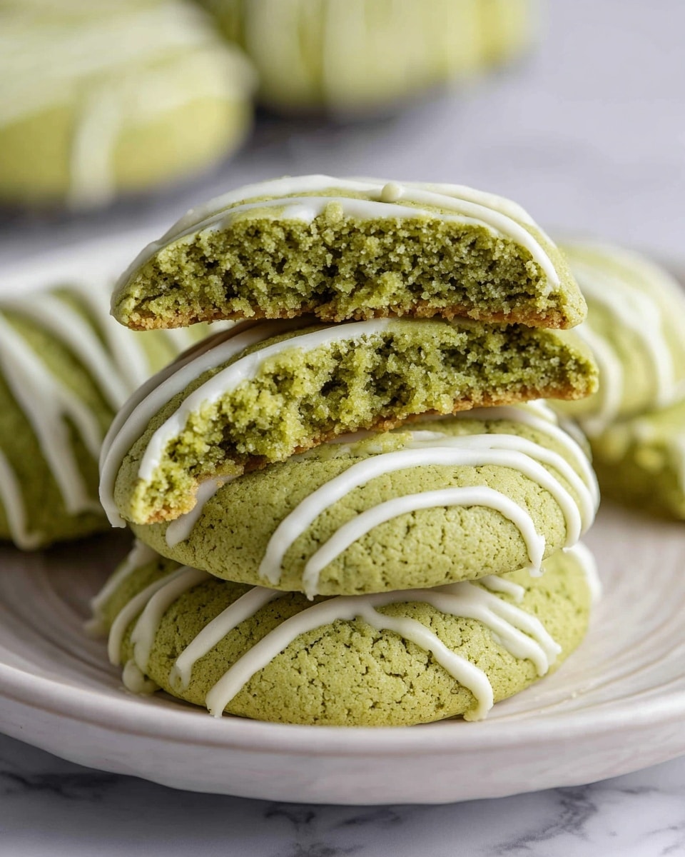 The image shows a stack of soft green cookies with a white drizzle on top. The stack has three cookies, with the top one broken in half to show the crumb inside, which is slightly darker green and looks moist and spongy. The cookies have smooth tops with the white lines of icing crossing over them in a casual pattern. All cookies sit on a white plate with subtle texture, placed on a white marbled surface. The photo is a close-up focused on the front cookies, blurring the ones in the back. photo taken with an iphone --ar 4:5 --v 7