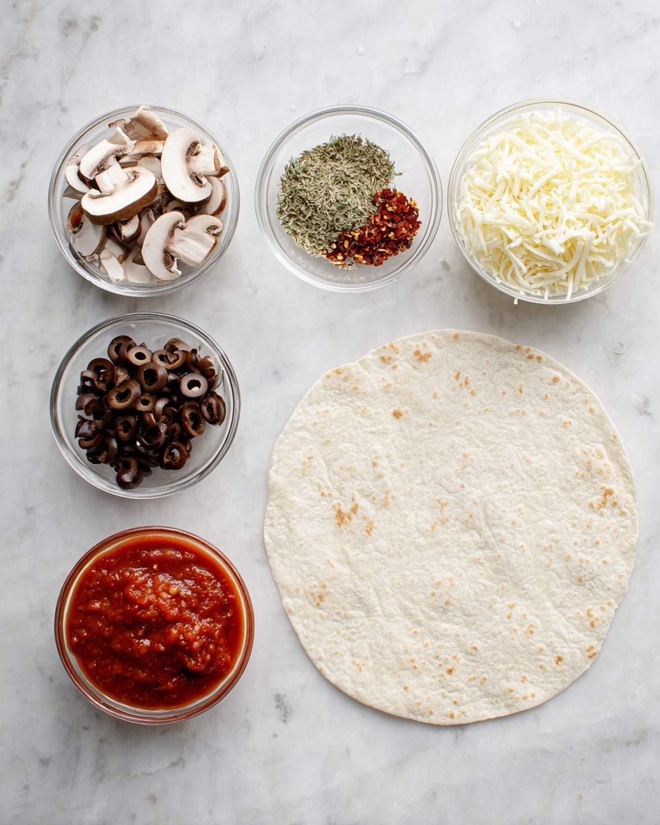 A white tortilla is placed flat on a white marbled surface to the right side of the image. On the left side, there are six small clear glass bowls arranged in two vertical lines: the top row has sliced mushrooms, dried green herbs, and red chili flakes; below them are sliced black olives, red tomato sauce in the center, and shredded white cheese. The textures vary from smooth sauce to shredded cheese and dried herbs, showing a colorful and fresh mixture of ingredients for assembling a dish, photo taken with an iphone --ar 4:5 --v 7