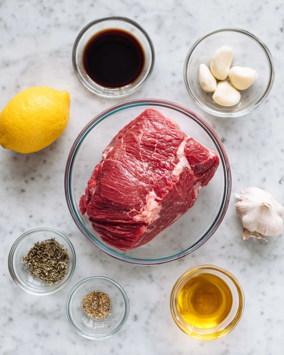 The image shows a large piece of raw red meat with some white fat marbling, placed in a clear glass bowl at the center of a white marbled surface. Surrounding it are six small clear glass bowls: one with dark brown soy sauce at the top right, one with three whole white garlic cloves below it, one with golden honey at the bottom right, one with dark brown balsamic vinegar at the bottom left, one with a mix of black pepper and dried herbs above it, and a whole yellow lemon on the far left side. The ingredients are neatly arranged evenly around the main bowl. Photo taken with an iphone --ar 4:5 --v 7