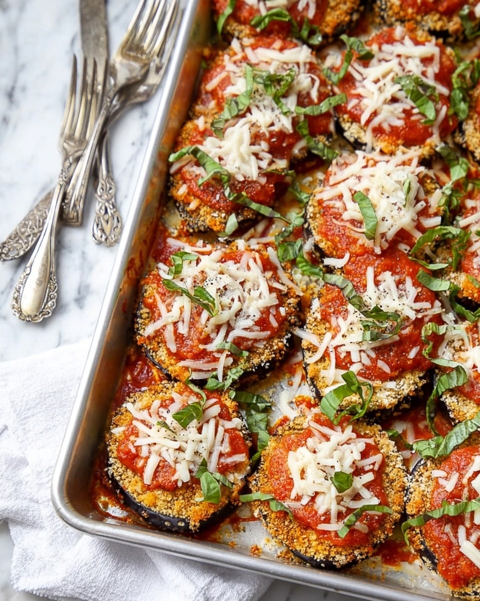 The dish shows a silver baking tray filled with layers of round, breaded, golden-brown eggplant slices arranged closely side by side. Each eggplant slice has a layer of bright red tomato sauce on top, covered with shredded melted white cheese that looks soft and slightly browned. Fresh green basil leaves are scattered all over the tray, adding a touch of brightness. The tray rests on a surface with a white marbled texture, with two silver forks and a white cloth nearby. The image captures the dish from a top angle showing the textures clearly photo taken with an iphone --ar 4:5 --v 7