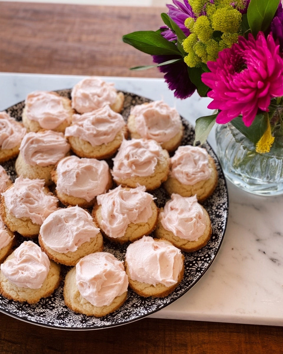 A round plate with a black and white pattern holds about twenty small biscuits spread out, each topped with an uneven layer of pinkish frosting that looks creamy and soft. The biscuits have a light golden color and a rough texture on the sides. To the right of the plate, there is a clear glass vase filled with bright flowers in pink, purple, and green colors on a white marbled surface. Photo taken with an iphone --ar 4:5 --v 7