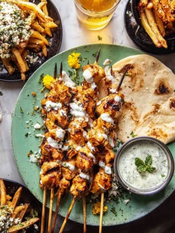 Greek Chicken Skewers with Feta Fries Recipe