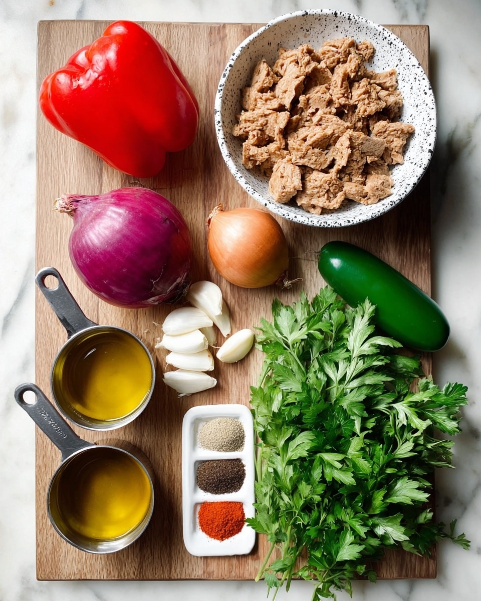 A wooden cutting board laid on a white marbled surface holds a bright red bell pepper on the top left, a small whole brown onion and a whole purple onion side by side below it, with three peeled garlic cloves nearby. To the right, a white bowl with black speckles is filled with chunks of light brown textured plant-based protein. Below, there is a green jalapeño pepper lying next to a large bunch of fresh green parsley. On the bottom left, two metal measuring cups contain golden olive oil and amber liquid, and nearby is a small white dish holding six different spices in red, brown, black, and beige colors. Photo taken with an iphone --ar 4:5 --v 7