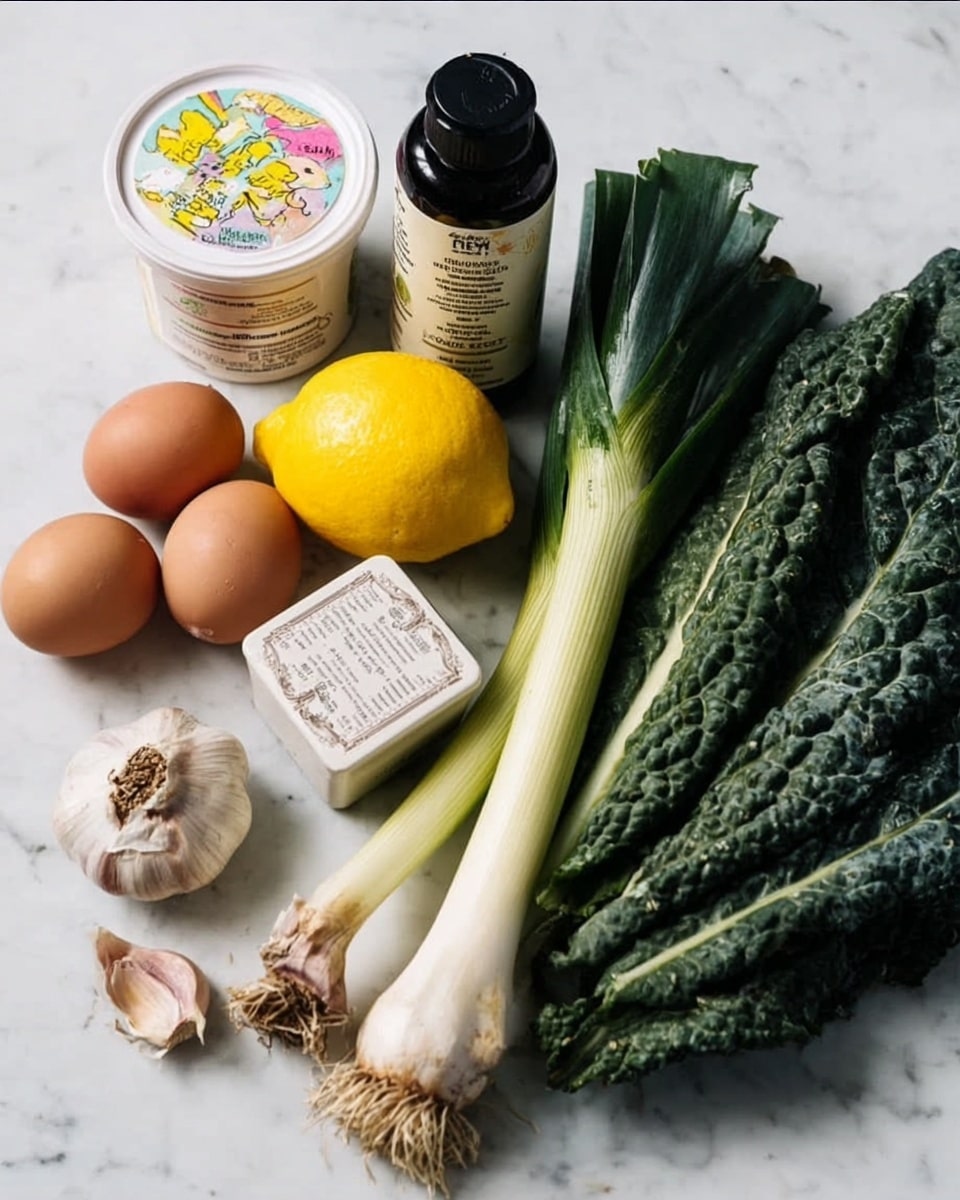 The image shows a variety of fresh ingredients placed on a white marbled surface. On the left, there is a white container with a colorful label, next to two whole brown eggs and a bright yellow lemon. In front of the lemon, there is a bulb of garlic with several cloves visible. Toward the back, a bottle with a black cap and a blank white label stands upright. Nearby, a small square white container with a detailed label sits beside three fresh green leeks with long white bottoms and dark green leafy tops. On the right side, a bunch of dark green, bumpy textured kale leaves lies flat. The arrangement looks natural and fresh. photo taken with an iphone --ar 4:5 --v 7
