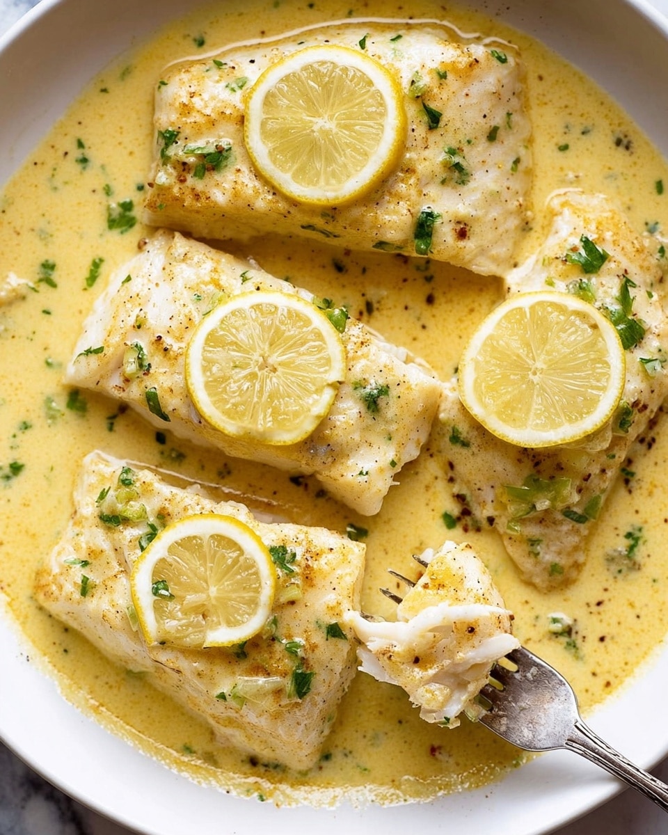The image shows four pieces of fish fillets covered in a creamy sauce with small green herb bits scattered on top. Each fillet is topped with a thin lemon slice. The sauce is light yellow with a smooth texture, spread evenly around and on the fish. A silver fork is partially visible, holding one piece of fish. The dish is placed on a white marbled surface. photo taken with an iphone --ar 4:5 --v 7