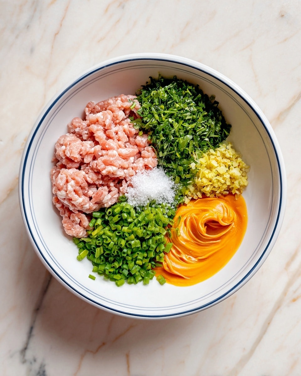 In a white bowl with a thin blue rim, there are several ingredients placed in separate sections: pale pink raw ground meat filling the right side, bright orange sauce next to the bottom right, light yellow minced garlic just above the sauce, finely chopped green onions below center, fresh green chopped herbs on the left, and a small white pile of salt on top of the herbs. The bowl is set on a white marbled surface. photo taken with an iphone --ar 4:5 --v 7