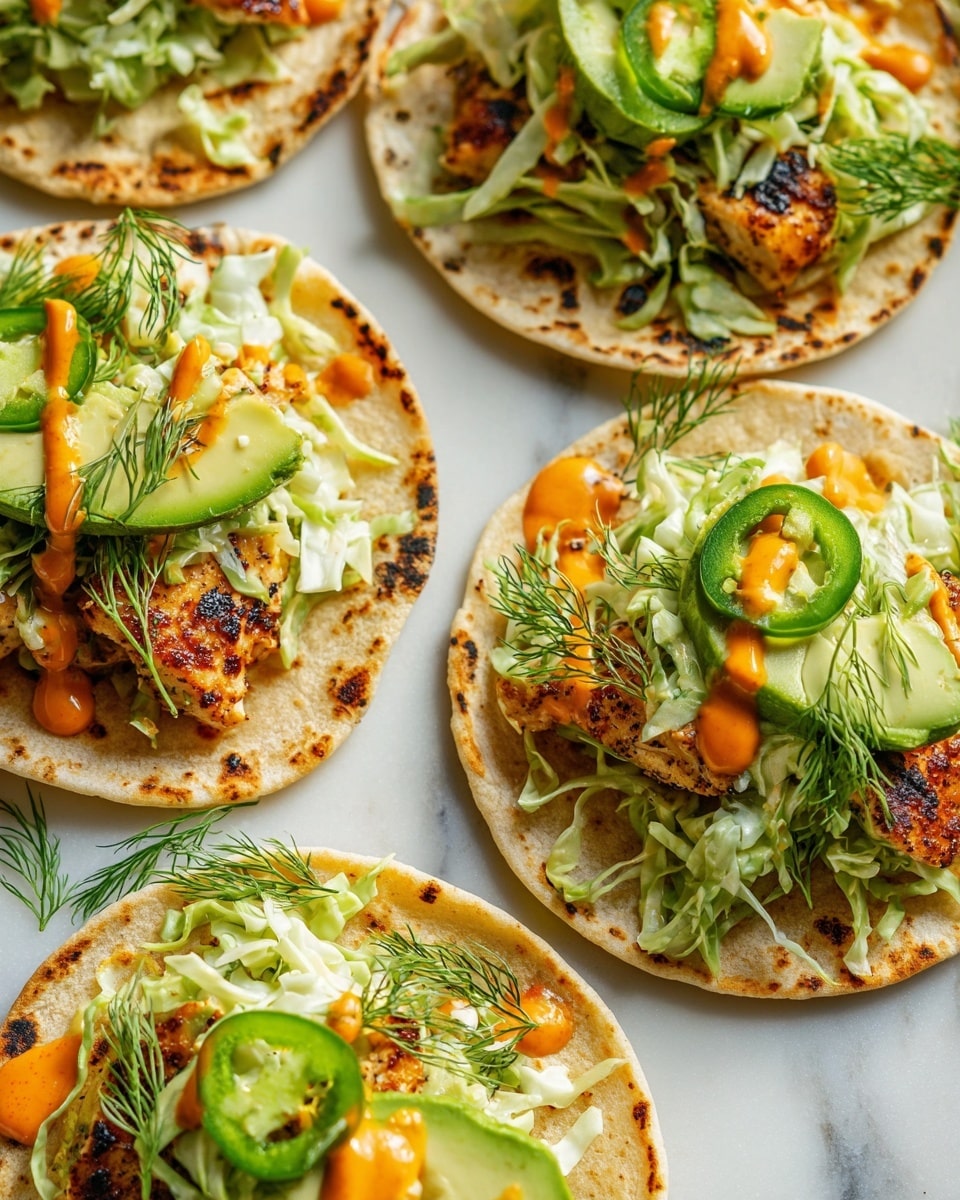 Five small round soft corn tortillas with light golden brown toasted spots are arranged on a large white plate with a textured rim. Each tortilla has a base layer of seasoned grilled meat with a slightly charred surface. On top, there are thin green cabbage strips mixed with small herbs, layered with slices of fresh pale green avocado and bright green jalapeño rings. A drizzle of orange sauce adds color and small sprigs of fresh dill garnish each one. A woman's hand holds one tortilla at the bottom right corner of the plate. The plate is placed on a white marbled surface with a few dill sprigs and slivers of cabbage scattered around. Photo taken with an iphone --ar 4:5 --v 7