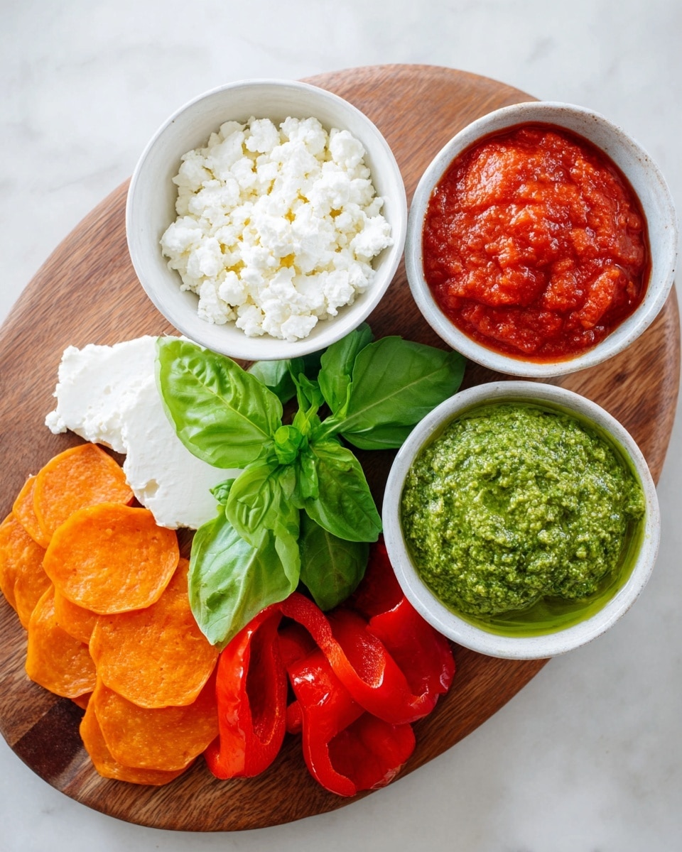 A round wooden board sits on a white marbled surface, holding various food items. At the top left, a white bowl is filled with white crumbly cheese, next to it on the right is a white bowl with bright red tomato sauce. Below the cheese bowl, a white bowl contains bright green pesto. Fresh green basil leaves lie in the center of the board. On the right side, there are shiny red roasted pepper pieces. In front of the peppers, orange slices of a seasoned deli meat are arranged in overlapping layers. Photo taken with an iphone --ar 4:5 --v 7