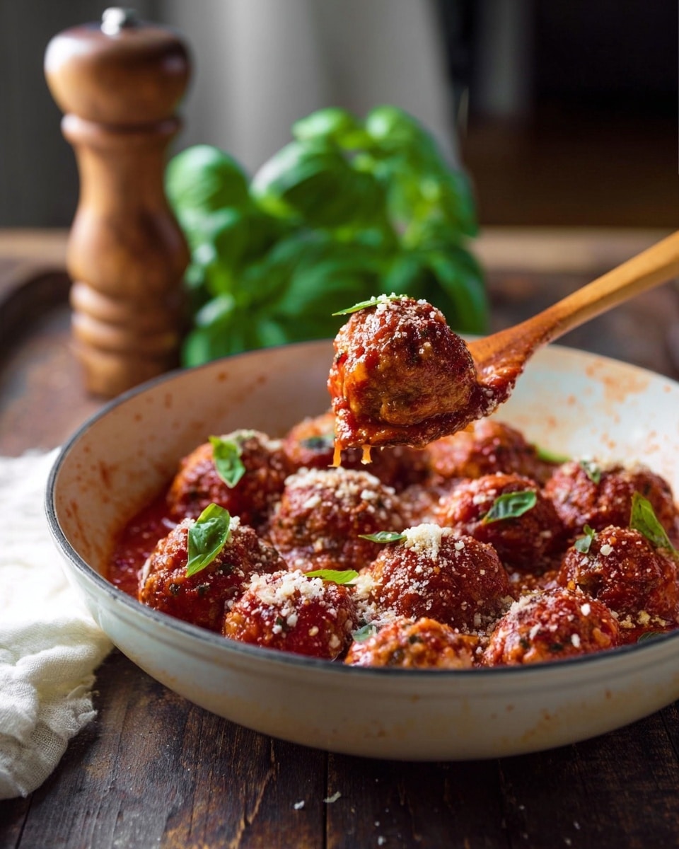 A white bowl filled with round meatballs covered in red tomato sauce, sprinkled with grated cheese and small green basil leaves scattered on top. A wooden spoon is lifting one meatball, showing its moist texture with sauce. The bowl sits on a dark wooden surface with a pepper grinder and green basil leaves blurred in the background. Photo taken with an iphone --ar 4:5 --v 7