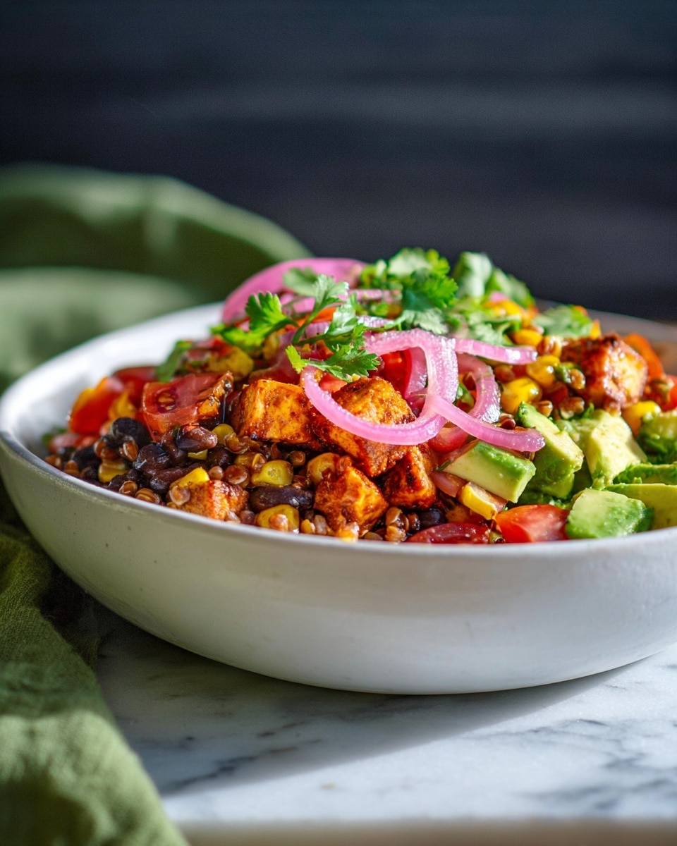 A white bowl holds a colorful layered dish with several layers: at the bottom, a mix of grain and black beans in brown and black colors; above this, chopped red tomatoes and bright green avocado pieces are scattered, mixed with grilled cubes of orange-brown tofu or tempeh, speckled with some yellow corn kernels. Thin, circular slices of translucent pink pickled onions and sprigs of bright green fresh cilantro sit on top, adding freshness. The mix looks vibrant and fresh, placed against a blurred dark background with a hint of green cloth. The scene uses soft natural light and is shot on a white marbled surface. Photo taken with an iphone --ar 4:5 --v 7