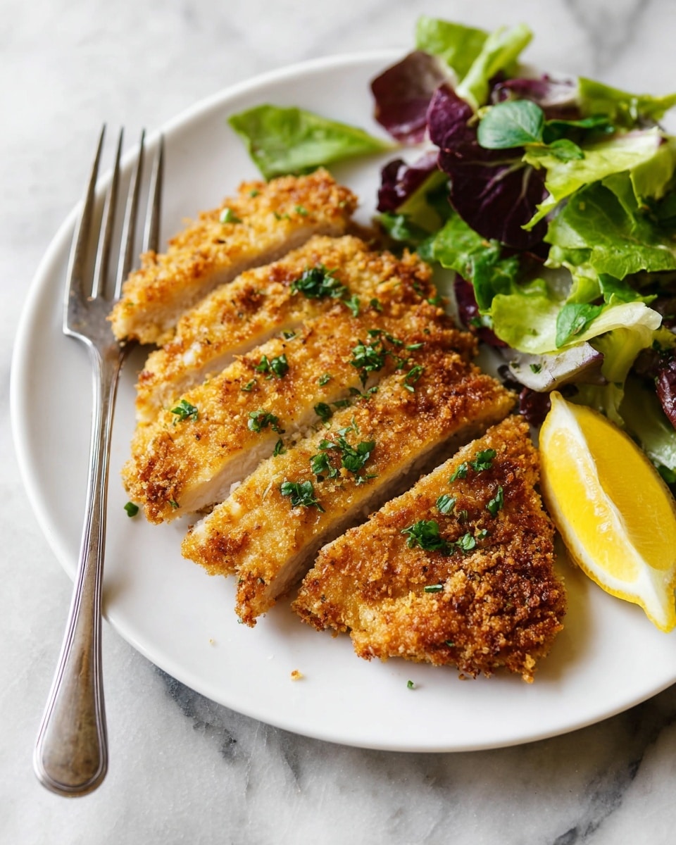 A white plate holds a golden-brown breaded piece of chicken that is sliced into several uneven strips, showing the white inside of the chicken. Small green herbs are sprinkled on top of the chicken. To the right of the chicken, there is a wedge of bright yellow lemon with a small herb on top, and a small pile of mixed green and purple lettuce leaves. A silver fork rests on the left side of the plate. The plate is set on a white marbled surface. photo taken with an iphone --ar 4:5 --v 7
