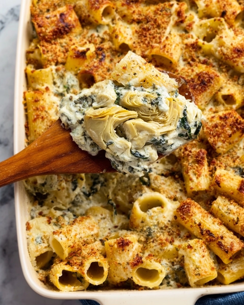 The dish shows a white rectangular baking dish filled with rigatoni pasta mixed with a creamy spinach and artichoke sauce, topped with a golden-brown layer of melted cheese and seasoning. A wooden spoon lifts a scoop of the creamy mixture, showing soft artichoke pieces and spinach leaves coated in the rich sauce. The pasta is arranged close together, with the browned cheese layer slightly bubbly and textured. The background features a white marbled surface. photo taken with an iphone --ar 4:5 --v 7