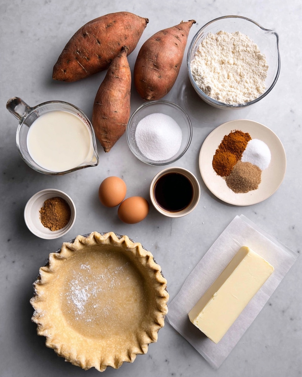 The image shows raw cooking ingredients arranged neatly on a white marbled surface. At the bottom right is an unbaked pie crust with a fluted edge dusted lightly with flour. Near the crust are two brown eggs. Around the top and left side are three whole sweet potatoes with rough brown-orange skins. There is a glass measuring cup with white milk, a small bowl of white granulated sugar, and a small cup with dark vanilla extract. A small glass bowl contains brown sugar. A white plate holds three ground spices: one dark brown, one cinnamon color, and one white. A stick of butter wrapped in paper sits to the right side of the image. The colors include browns, white, cream, and orange, and the textures vary between smooth liquids, rough skins, and powdery spices. photo taken with an iphone --ar 4:5 --v 7