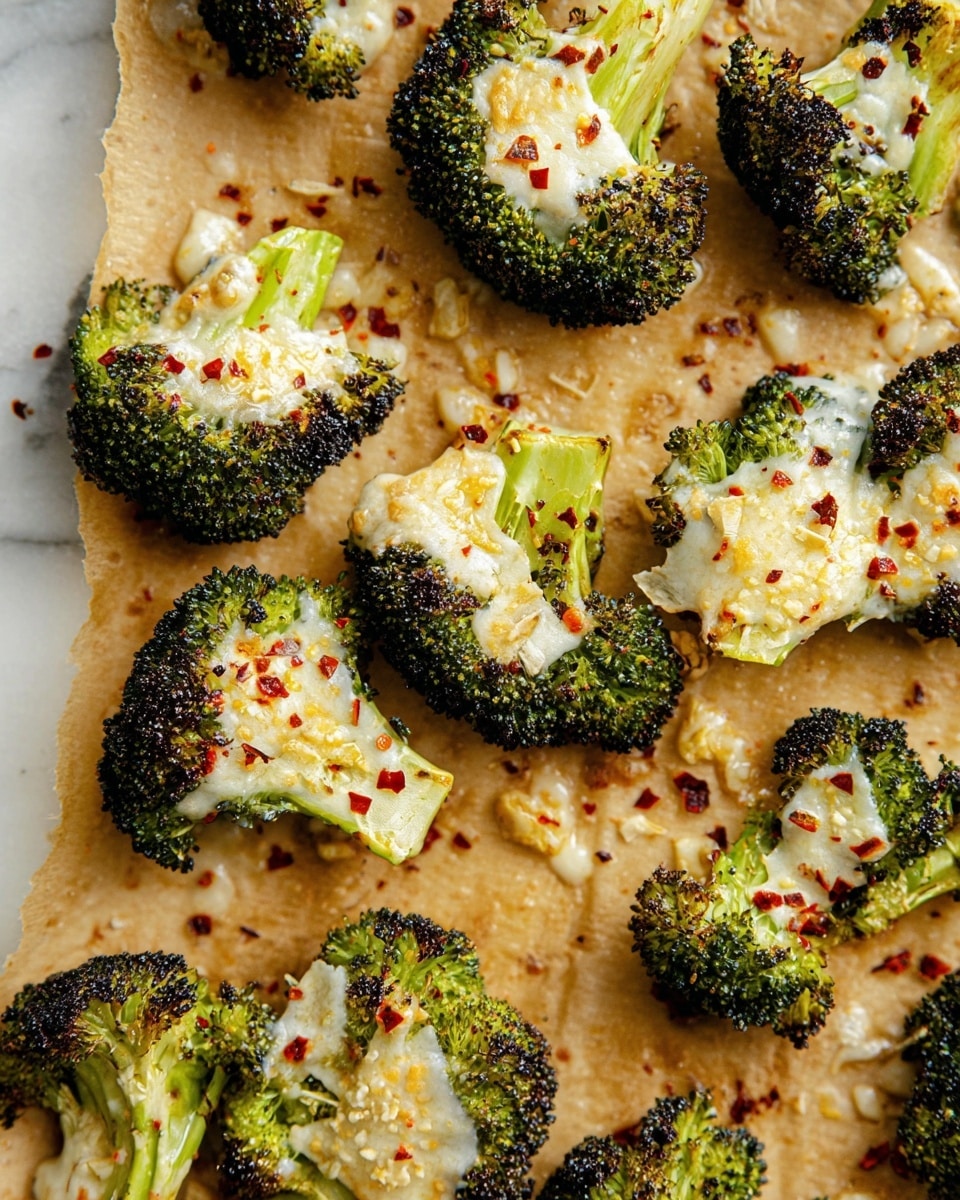 The image shows a plate of roasted broccoli with melted cheese on top. The white plate has a fluted edge and is placed on a wooden board. The broccoli is green with some dark brown, crispy edges from roasting, while the cheese is creamy and slightly browned, melting over the broccoli pieces. There are small red chili flakes sprinkled on top for color and texture. Around the plate, a blue cloth is visible on a white marbled surface, with a lemon wedge in the bottom right corner and a white bowl in the top left. photo taken with an iphone --ar 4:5 --v 7