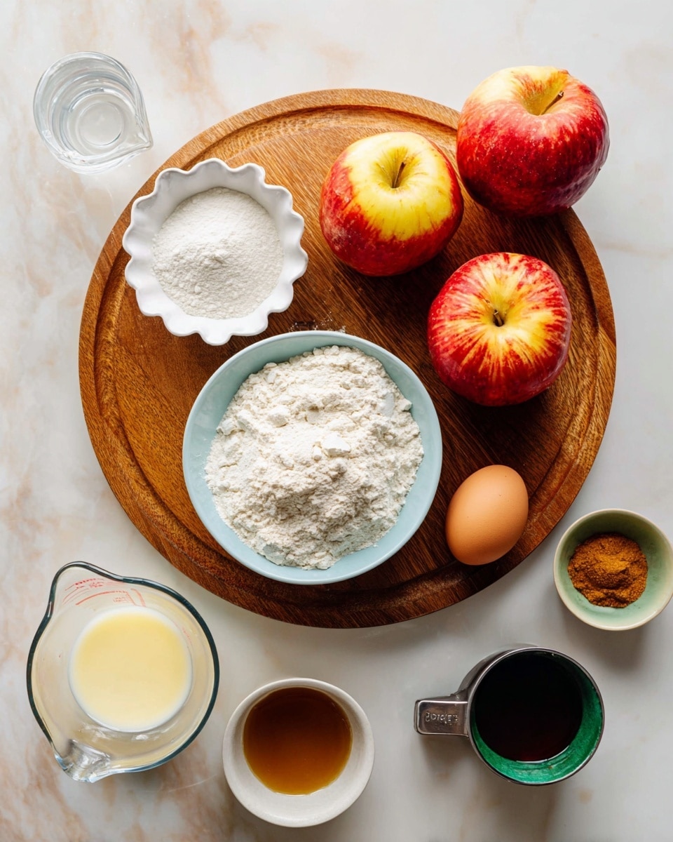 The image shows a round wooden board placed on a white marbled surface, with several baking ingredients arranged on it and around it. On the board, there are three whole apples with red and yellow skin, one light blue bowl filled with white flour, one small white scalloped dish holding white and brown spices, and one brown egg. Around the board, there is a transparent measuring cup with white liquid on the bottom left, a small white bowl with melted butter on the bottom right, a green bowl with a small amount of brown liquid at the top right, and a small metal measuring cup with a dark liquid beside it. The items are neatly spaced on and around the board. Photo taken with an iphone --ar 4:5 --v 7