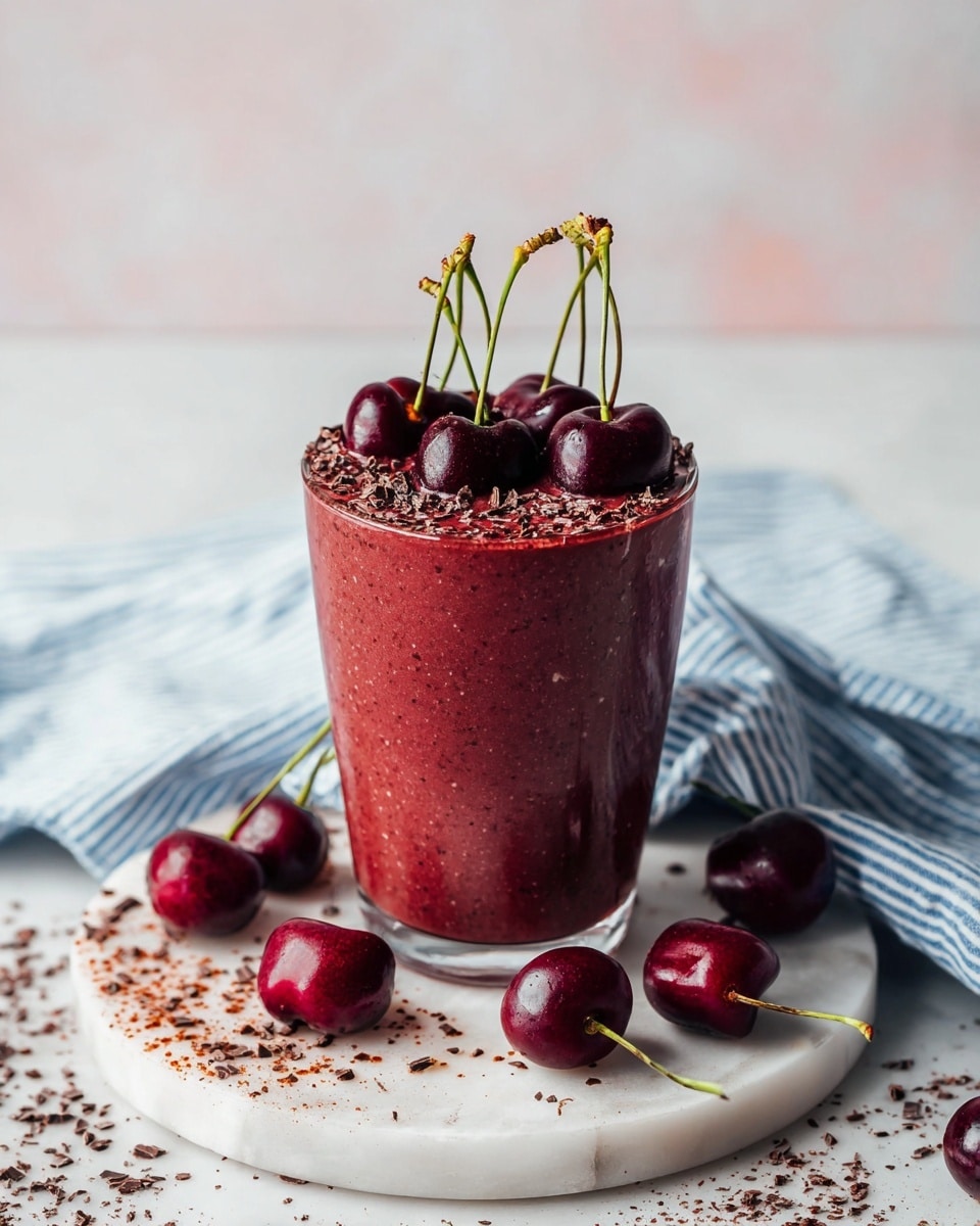 A tall glass filled with a thick, smooth dark red cherry smoothie that reaches the rim, topped with five whole dark red cherries with green stems standing upright, sprinkled with small chocolate shavings and a light dusting of cocoa powder, set on a round white marble board with scattered cherries and chocolate shavings around it, a blue striped cloth partially visible on the side, all placed on a white marbled texture surface with a soft, light background, photo taken with an iphone --ar 4:5 --v 7