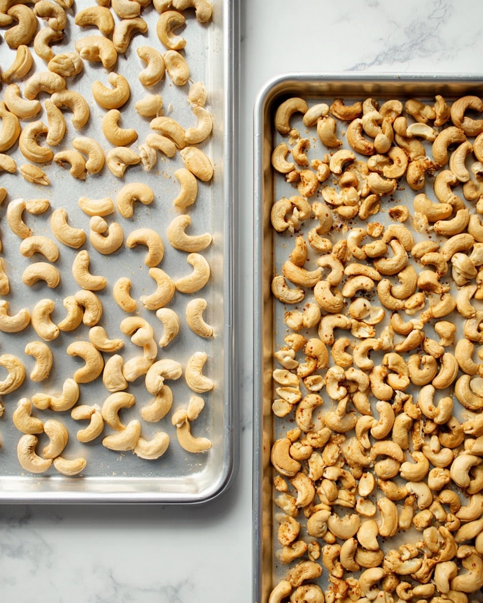 The image shows two parts: on the left, a close-up of raw cashew nuts spread evenly on a silver baking tray, their smooth and curved shapes in pale beige colors with slight natural spots. On the right side, a wider view of the same tray but now filled with toasted cashew nuts, which are a golden brown color with some darker edges, giving a crispy texture look. Both trays rest on a white marbled surface, and the cashews are spread in a single layer. Photo taken with an iphone --ar 4:5 --v 7