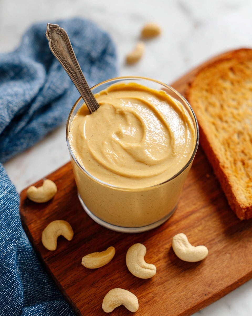 A clear glass cup filled with smooth, creamy beige cashew butter is placed on a warm brown wooden board. The surface of the cashew butter shows a soft swirl texture with a vintage silver spoon standing upright inside the butter. Around the glass, there are a few whole raw cashews scattered randomly. In the background on the right side, a slice of toasted bread with a crisp golden-brown color is partially visible. A blue and white cloth peeks from the bottom left corner. The whole setup rests on a white marbled textured surface. photo taken with an iphone --ar 4:5 --v 7