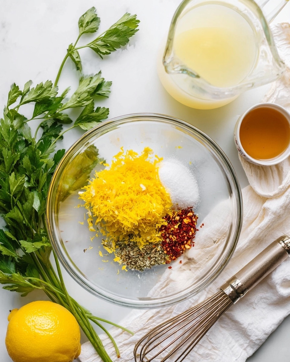 The image shows a clear glass bowl on a white marbled surface, holding four distinct layers of ingredients: a bright yellow lemon zest piled high, a small white layer of salt below it, a sprinkling of black pepper and red pepper flakes to the right, and minced garlic next to the zest. Around the bowl, there is a cup of light brown liquid, a glass jug with pale yellow juice, fresh green parsley leaves, a whole yellow lemon on a white cloth, and a metal whisk resting on the cloth. The scene is bright and clean, with all items arranged thoughtfully. photo taken with an iphone --ar 4:5 --v 7