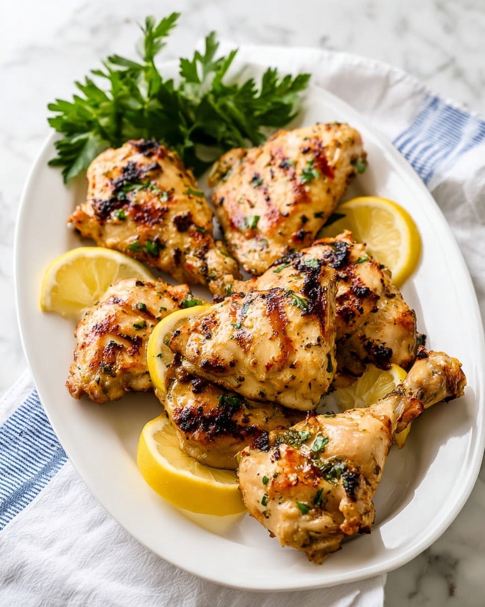 A white oval plate holds six pieces of grilled chicken with a golden-brown color and some dark char marks. The chicken pieces have a slightly crispy texture with small green herb bits on them. Thin yellow lemon slices are placed under and around the chicken, adding a fresh look. A small bunch of bright green parsley sits on the left side of the plate, giving a pop of color. The plate rests on a white marbled surface with a white cloth that has a blue striped edge nearby. photo taken with an iphone --ar 4:5 --v 7