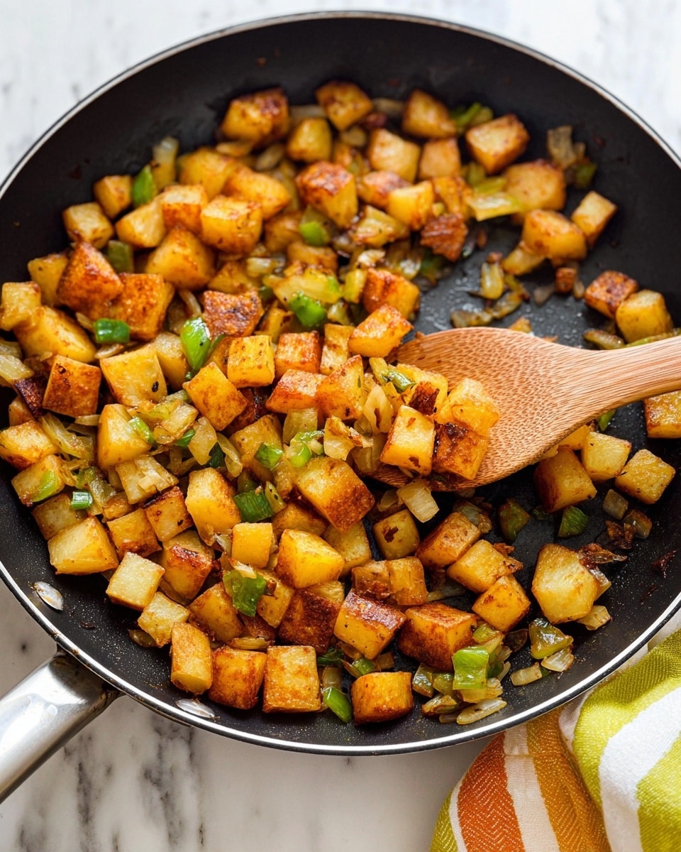 The image shows a black frying pan filled with small, golden-brown cubes of cooked potatoes mixed with green bell pepper pieces and bits of onion. The potatoes have a crispy texture with a mix of light golden and darker brown edges. A wooden spoon lifts a portion of the mixture, highlighting the varied colors and textures of the ingredients. The pan sits on a surface with a white marbled texture, and a cloth with yellow, green, and orange stripes is partly visible in the background. photo taken with an iphone --ar 4:5 --v 7