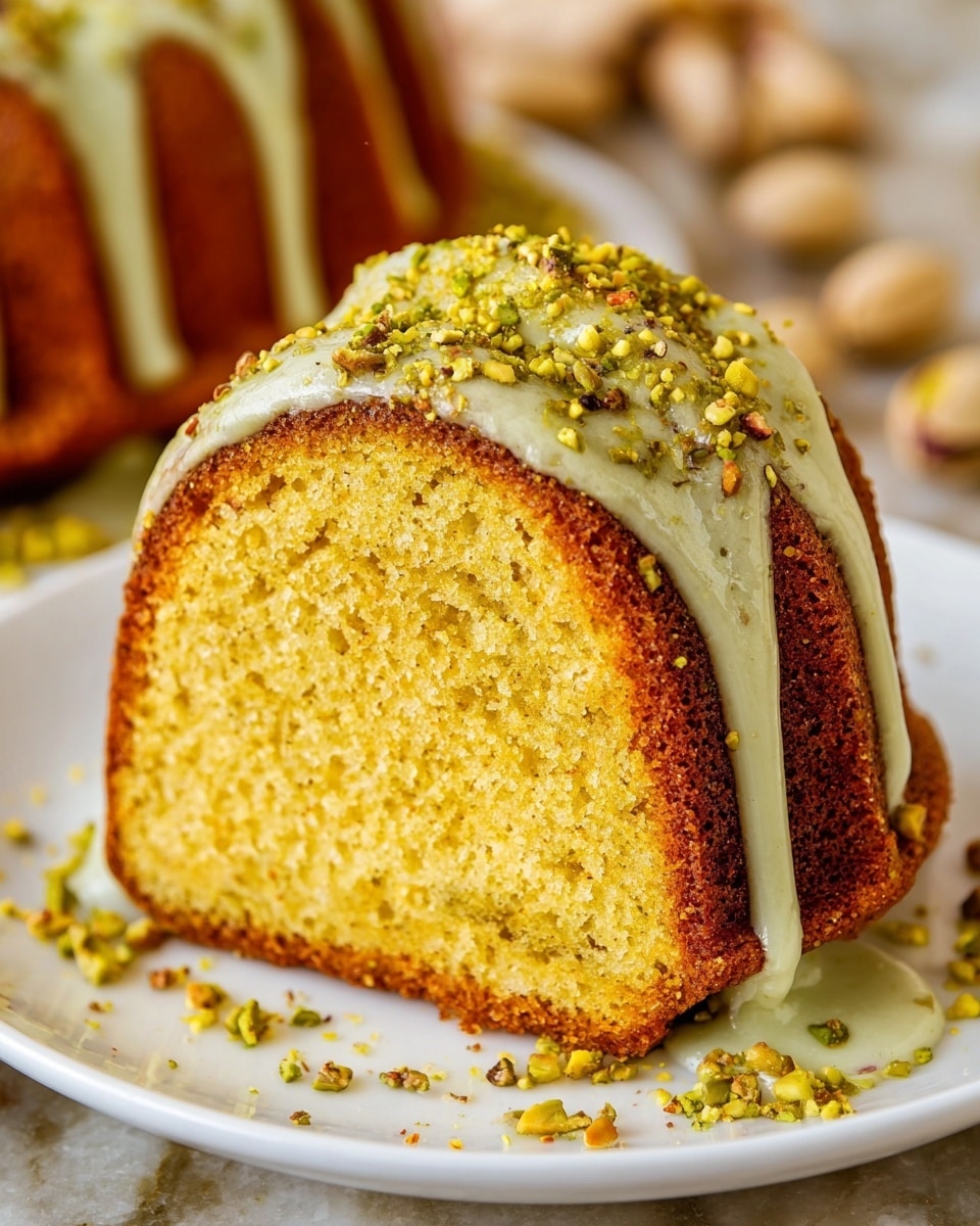 A close-up view of a thick slice of golden yellow bundt cake with a soft, moist texture and a browned crust on the edges, sitting on a white plate. The cake is topped with a smooth, light greenish glaze that drips slightly down the sides with crushed pistachio bits sprinkled on top. The background shows a white marbled surface with scattered whole pistachios adding a natural touch. Photo taken with an iphone --ar 4:5 --v 7