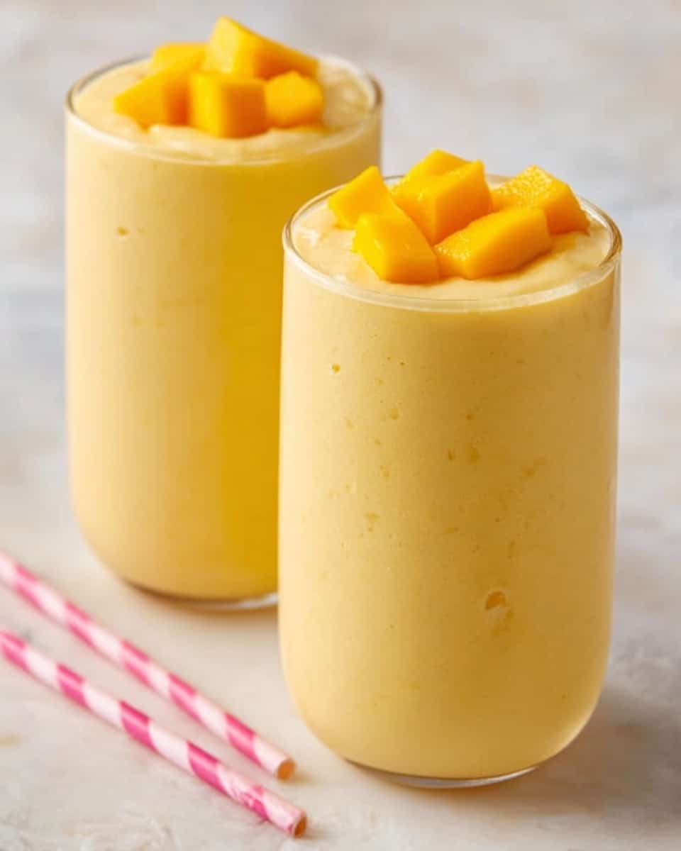 Two clear tall glasses are filled with a thick, smooth, pale yellow mango smoothie with tiny mango bits visible. Each glass is topped with small bright orange cubes of fresh mango arranged neatly on the surface. The glasses are placed on a white marbled surface with two pink-striped straws lying beside them. The background is softly blurred, keeping focus on the refreshing drinks. Photo taken with an iphone --ar 4:5 --v 7