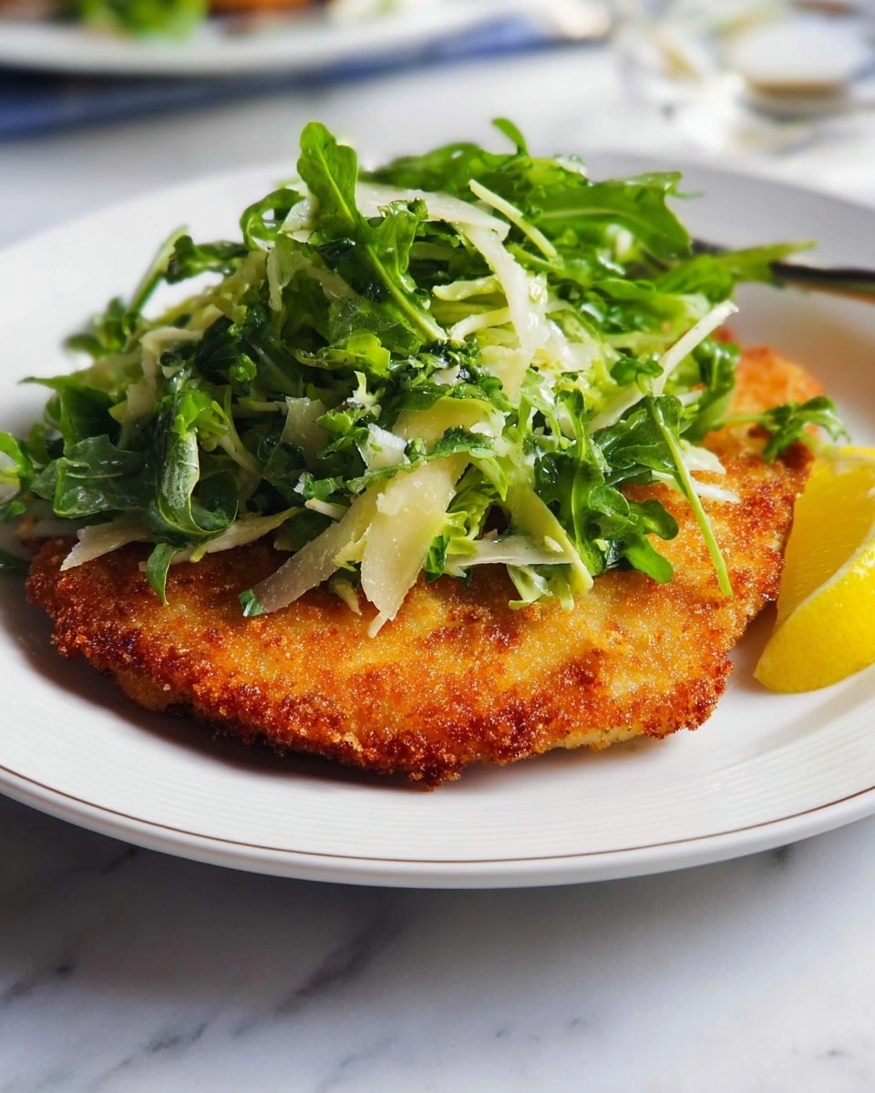 A white plate with a thin crispy golden brown fried chicken piece lies flat on the plate, with one slice from the side showing the white meat inside. On top of the chicken, there is a pile of fresh green leaves and a few light green shredded bits. A small wedge of yellow lemon peeks from beneath the leaves on the left side of the plate. The plate sits on a white marbled surface, with a blurred glass of water and a sauce container in the background. Photo taken with an iphone --ar 4:5 --v 7