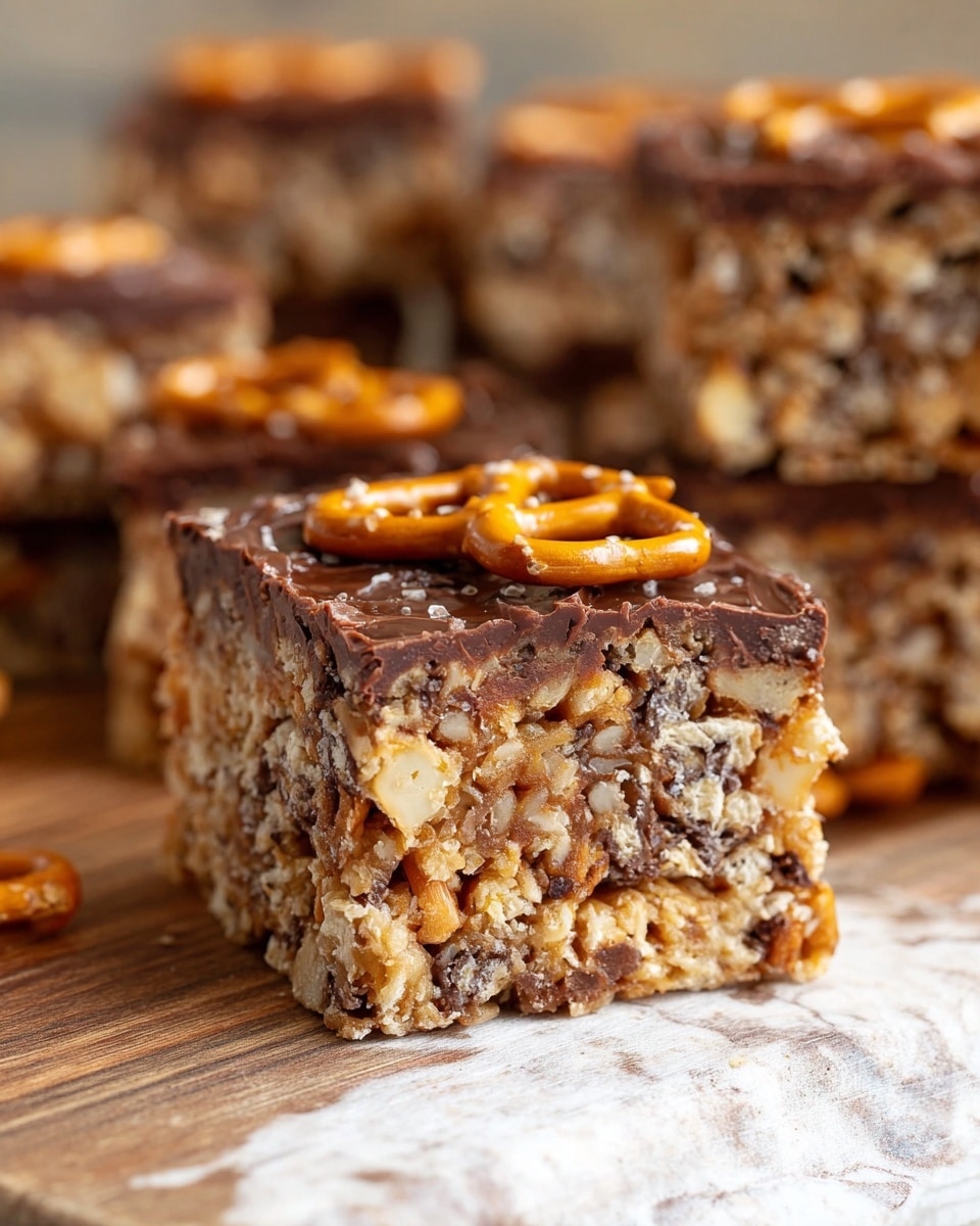 This image shows a close-up of a square dessert bar with two main visible layers, sitting on a wooden surface with a white marbled texture in the background. The bottom layer is dense and chunky, made of mixed ingredients like crushed nuts, crackers, and small bits of chocolate, showing a varied beige, brown, and tan color. The top layer is a thin, glossy drizzle of dark chocolate with scattered small pretzel sticks, golden and crunchy, placed unevenly on the surface. In the blurry background, more bars can be seen stacked together, highlighting the texture and ingredients of the dessert. photo taken with an iphone --ar 4:5 --v 7