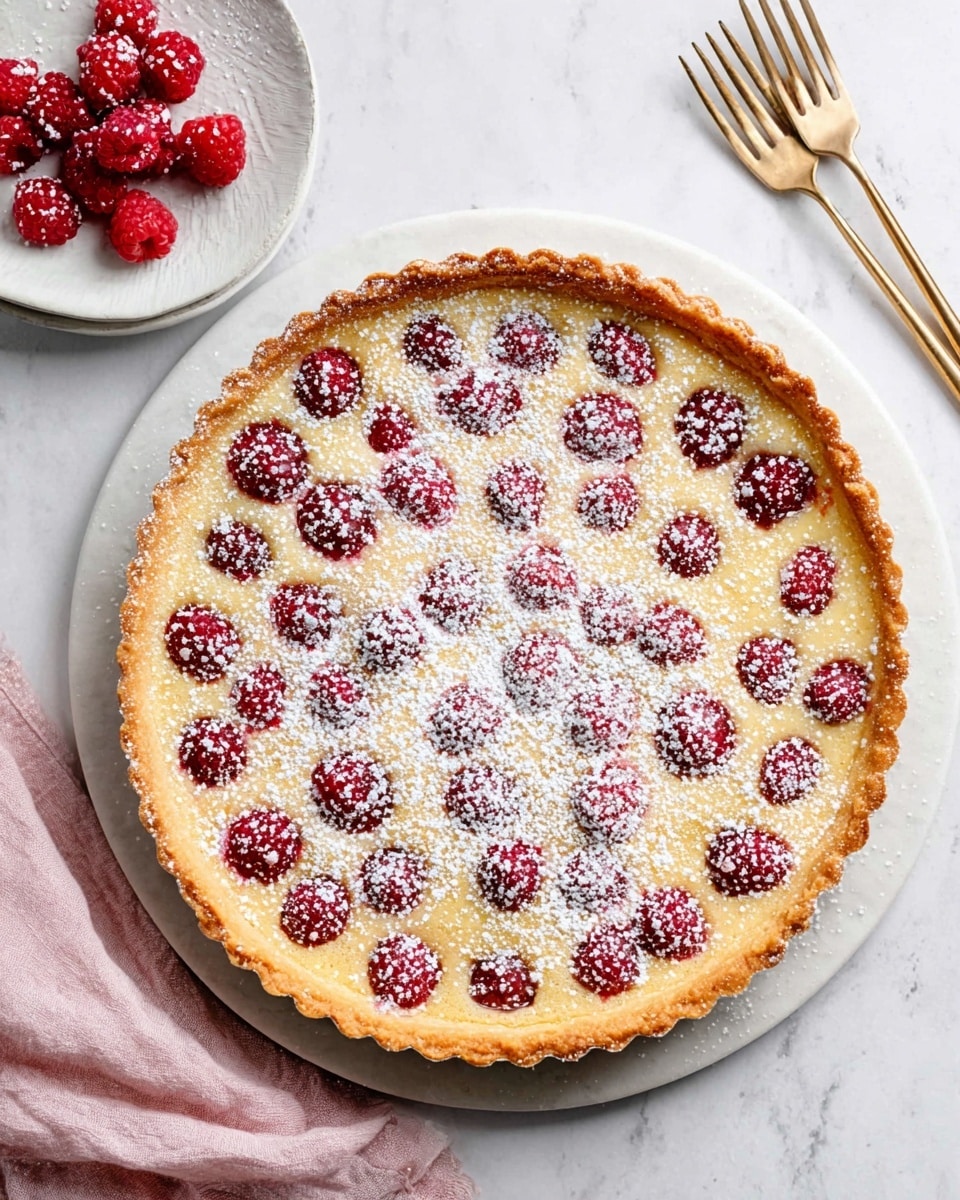 The image shows a raspberry tart with a golden crust that has scalloped edges. The tart has a light golden filling speckled with whole raspberries throughout and is dusted with powdered sugar on top. One slice of the tart is on a white plate at the bottom left, showing the yellow soft filling and red raspberries inside, with a gold fork resting on the plate. Another slice is on a white plate at the top right with a gold fork holding a piece of the tart. The background and surface are white marble. The tart and slices have a crumbly texture with some crumbs on the plates and surface photo taken with an iphone --ar 4:5 --v 7