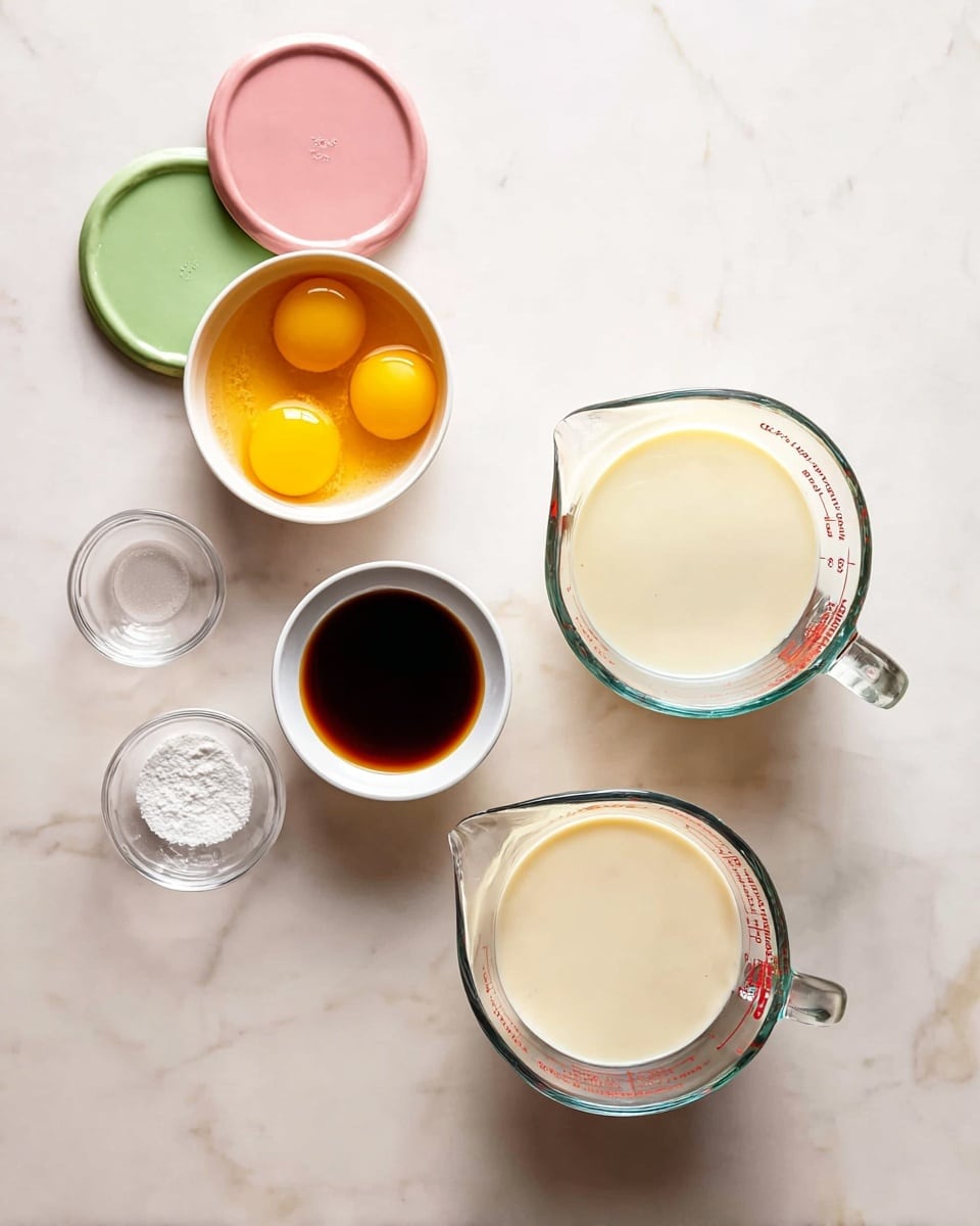 The image shows a white marbled surface with six containers arranged neatly. There are two clear glass measuring cups filled with creamy liquids, placed diagonally on the right side. On the left side, a white bowl holds four yellow egg yolks, above it a white bowl with amber liquid, next to it a small white bowl with thick dark sauce, and a tiny clear glass bowl with a small amount of white powder or salt. In the top left corner, three round lids in pastel pink, green, and yellow peek into the frame. The overall look is clean and organized, with soft natural light. photo taken with an iphone --ar 4:5 --v 7