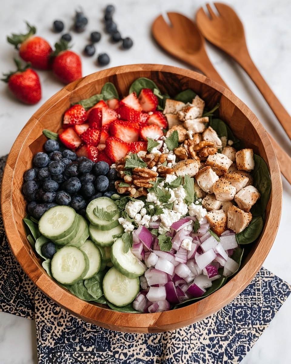 A wooden bowl filled with a colorful salad sits on a white marbled surface with a black and white patterned cloth underneath. Inside the bowl, the base layer is dark green spinach leaves. On top, there are five main layers arranged in sections: bright red sliced strawberries on the upper left, light green cucumber slices below the strawberries, dark blue whole blueberries in the lower left, light purple sliced red onions in the lower right, and diced white grilled chicken pieces seasoned with black pepper in the upper right. Crumbled white cheese and small brown walnut pieces are scattered over the center, with some green herb leaves on top. In the background, three whole strawberries, several blueberries, and walnut pieces are spread on the white marbled surface near wooden salad serving utensils. Photo taken with an iphone --ar 4:5 --v 7