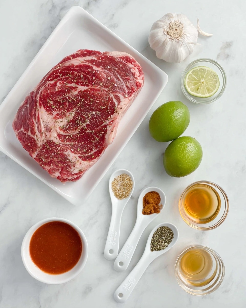A white tray holds a large raw piece of marbled red meat with white fat and black pepper sprinkled on top, placed on the left side of a white marbled surface. To the right, two whole green limes sit next to a bulb of garlic. Below them are three white measuring spoons arranged horizontally, filled with reddish spice, light brown mustard-like paste, and a mix of green and white herbs with salt, all placed above the middle area. In the lower part of the image, small clear glass containers hold coarse salt, black pepper, a red sauce in a white small bowl, a light golden liquid in a larger clear bowl, and an amber-colored liquid in a small glass. Everything is neatly arranged on the white marbled background. Photo taken with an iphone --ar 4:5 --v 7